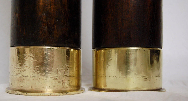A Pair of Mid-Century Brass & Fruitwood Military Practice Artillery Shells - Jason Clarke Antiques