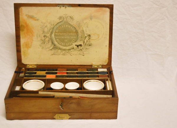 Victorian Rudolph Ackermann Mahogany and Brass Artist's Box with Original Watercolours and Contents