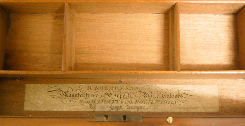 Victorian Rudolph Ackermann Mahogany and Brass Artist's Box with Original Watercolours and Contents