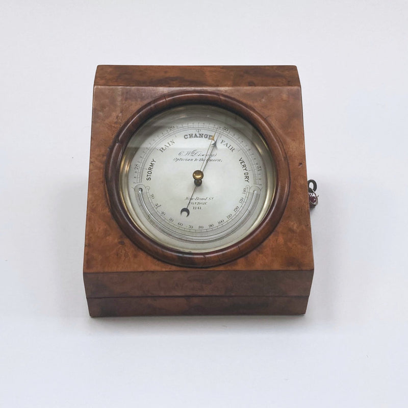 Early Victorian Desk Aneroid Barometer in Burr Walnut Case by CW Dixey London