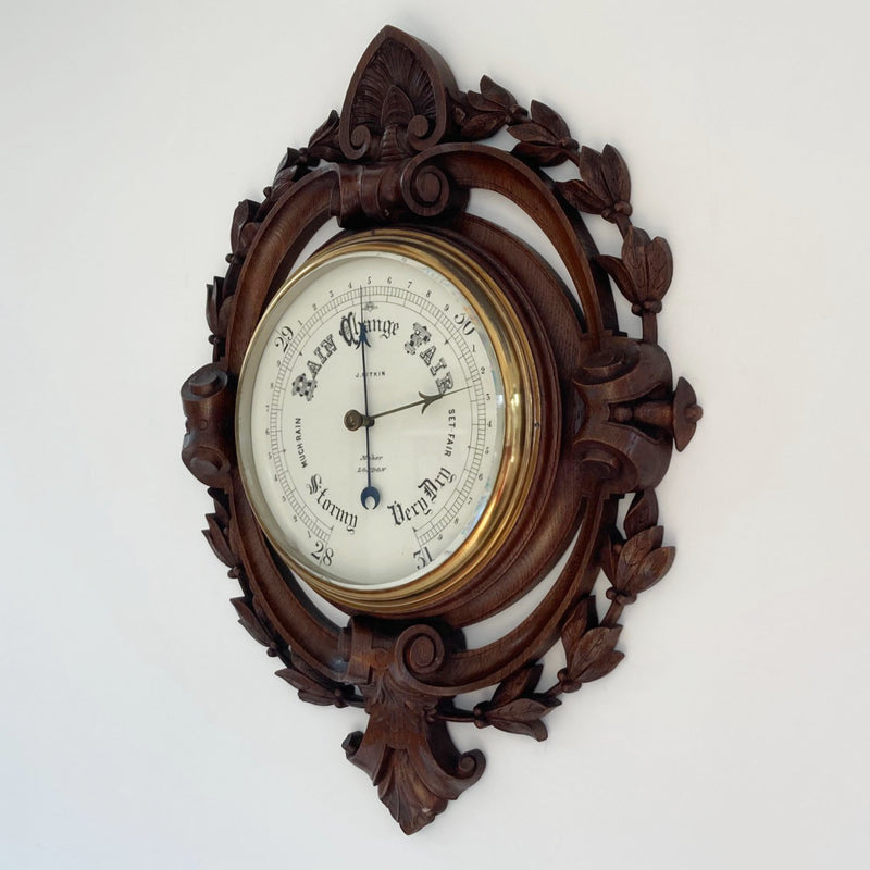 Large Victorian Carved Oak Wall Aneroid Barometer by James Pitkin London