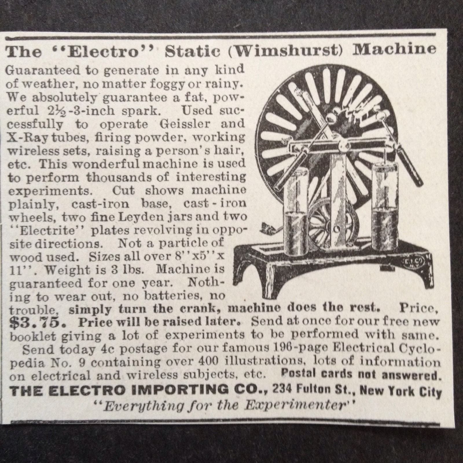 Edwardian Period Wimshurst Influence Machine or Electrostatic Generator ...