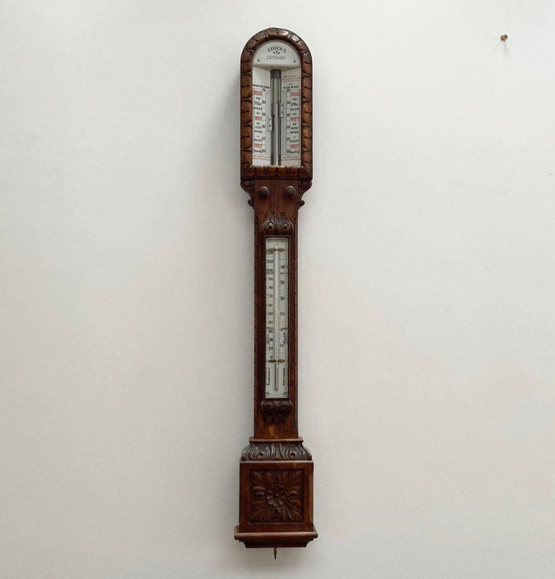 Victorian Carved Oak Admiral Fitzroy Storm Barometer by J Hicks of London - Jason Clarke Antiques