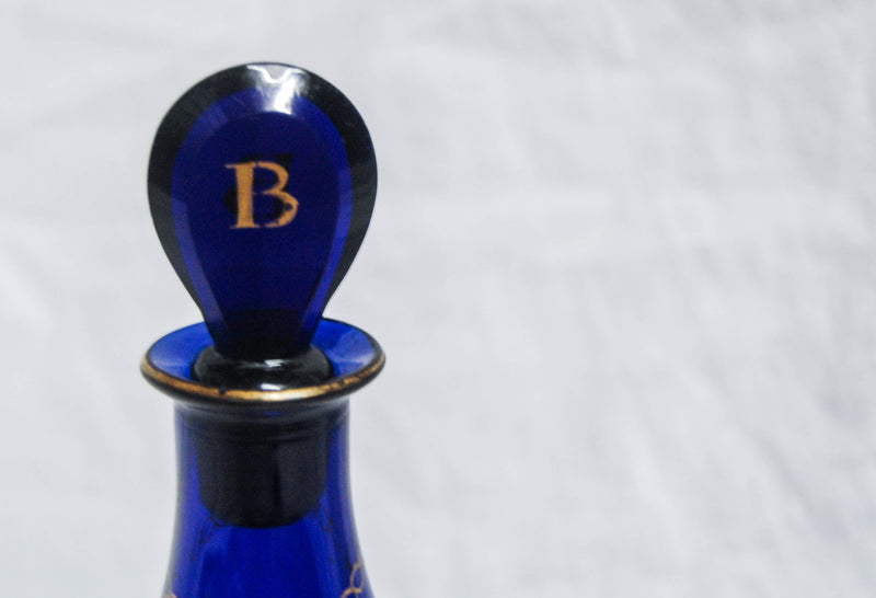 Georgian Bristol Blue Glass Club Shaped Brandy Decanter with Applied Gilt Lettering