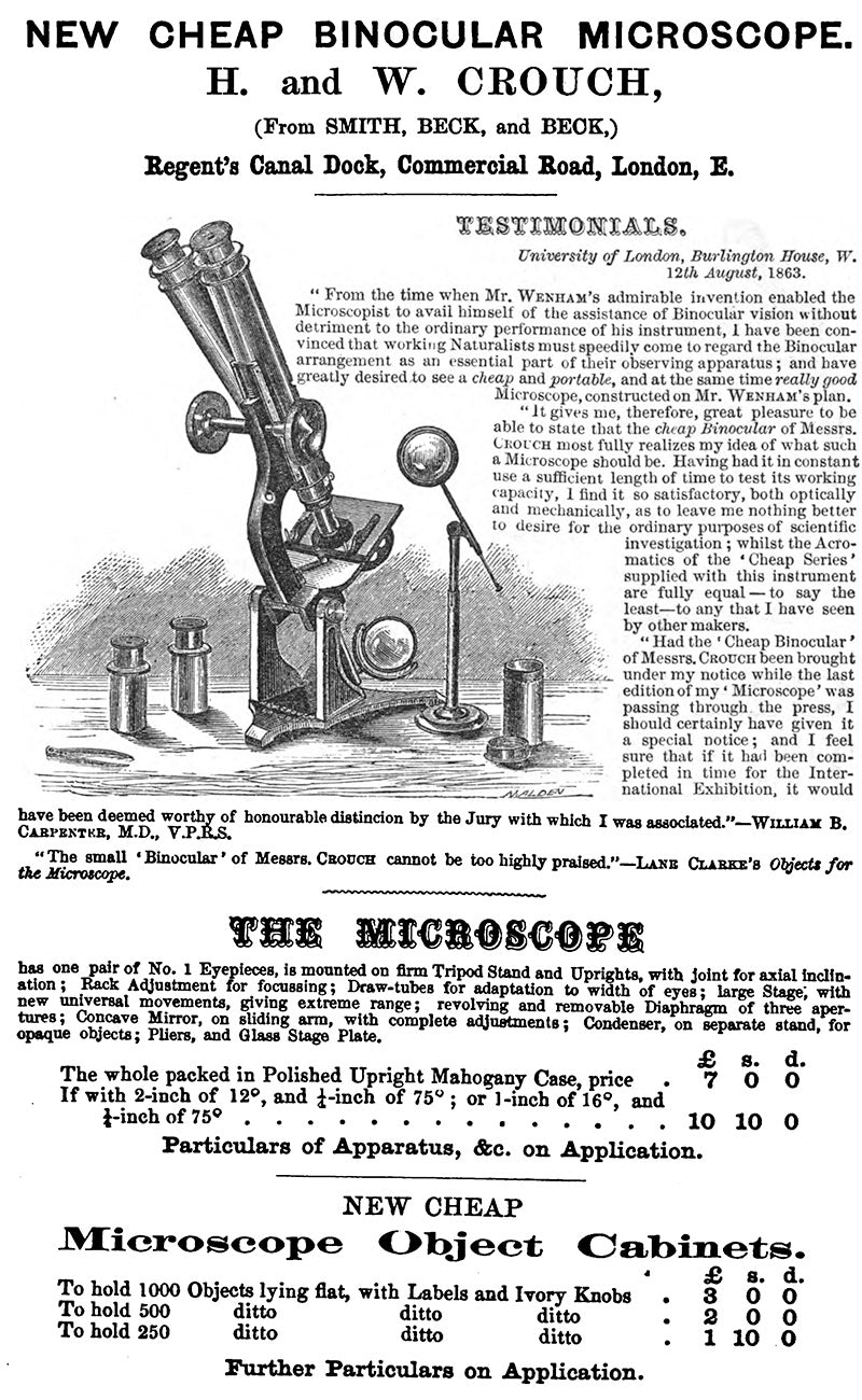 Victorian Cased Binocular Microscope by H&W Crouch of 64A Bishopsgate St, London