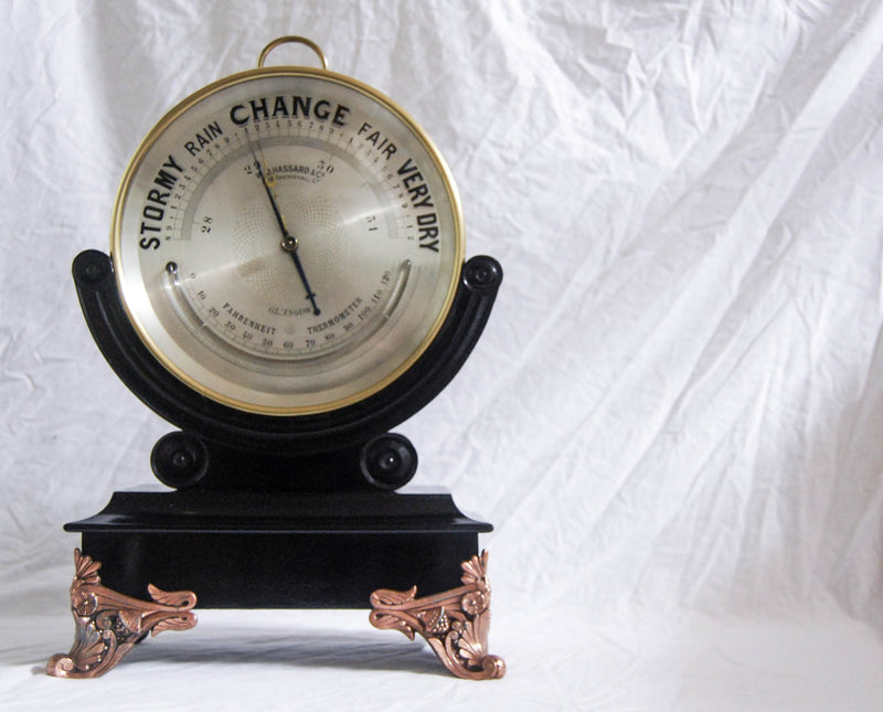 Huge Late Victorian 10" Dial Brass Aneroid Barometer on Ebonised stand by WJ Hassard Opticians Glasgow