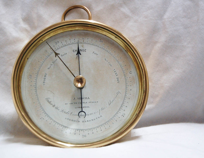 Late Victorian Brass Cased Aneriod Barometer by Joseph Sewill, 61 South Castle Street, Liverpool