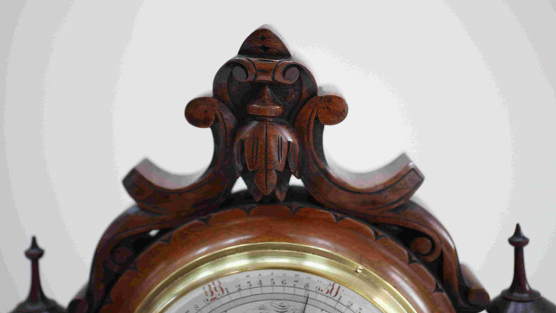 Large Victorian Aneroid Barometer in Carved Walnut Display by James Pitkin London