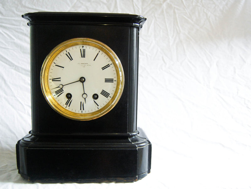 Very Large French Victorian Black Marble Clock with Square Plate Movement & Ting Tang Quarter Strike - CJ Hancock London