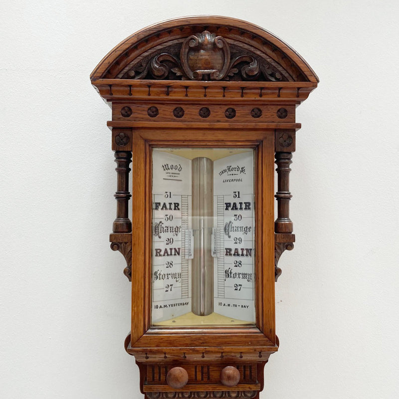 Victorian Golden Oak Stick Barometer by Wood Late Abraham of Liverpool