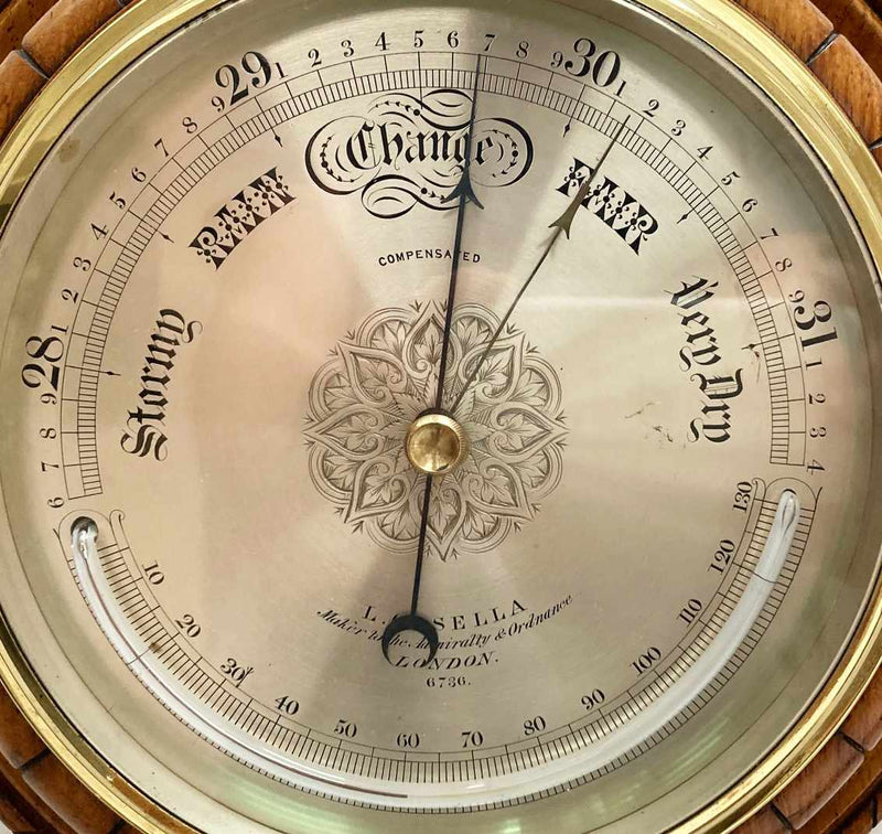 Mid Victorian Oak & Brass Cased Aneroid Barometer by Louis Casella London