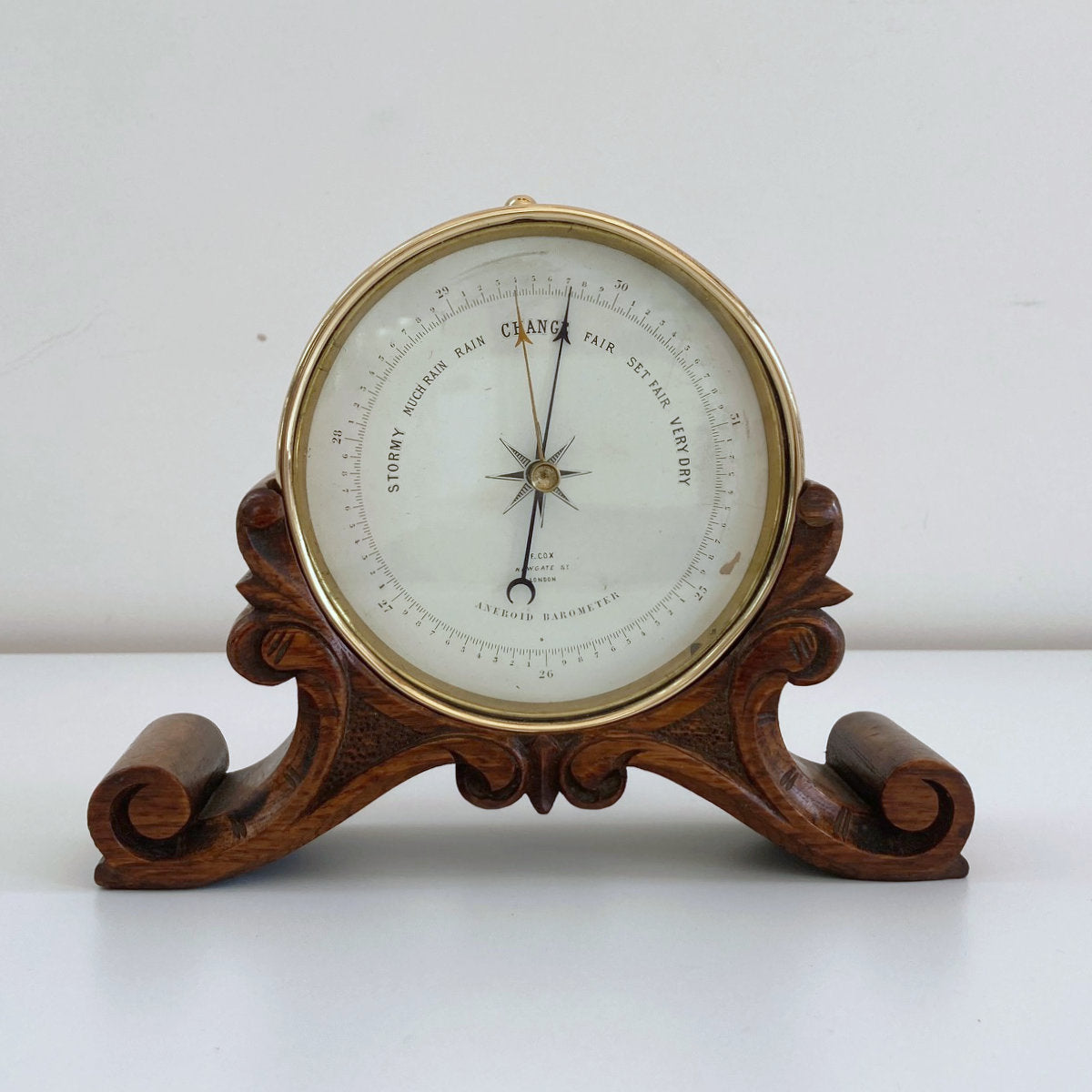 Early Victorian Aneroid Barometer on Carved Oak Stand by Frederick Cox ...