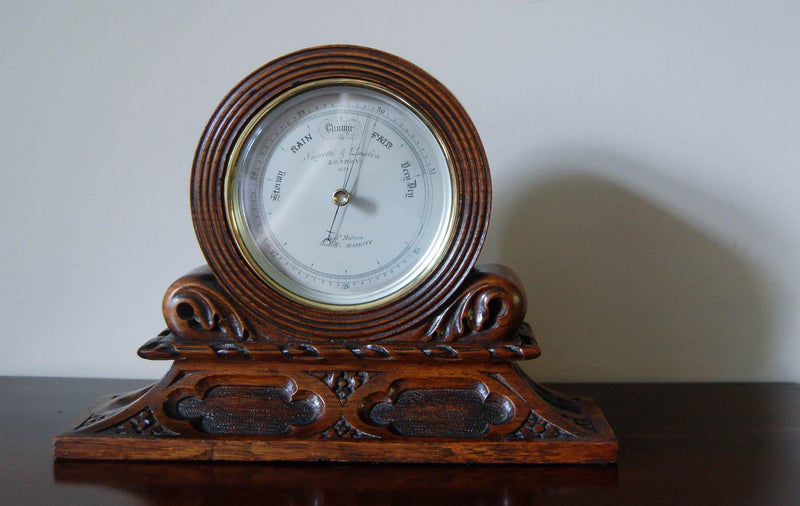 Early Victorian Brass Cased Desk Aneroid Barometer by Negretti & Zambra in Carved Oak Case - Jason Clarke Antiques