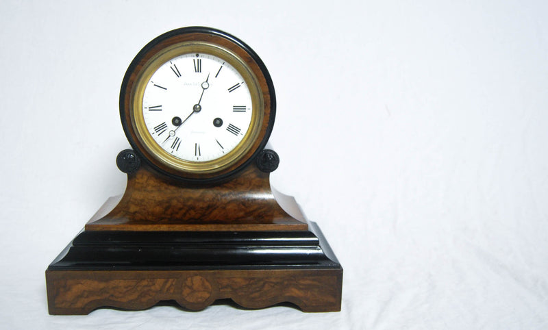 Victorian Channel Islands Walnut & Ebonised Drumhead Clock with French Movement by Le Lacheur, Guernsey.